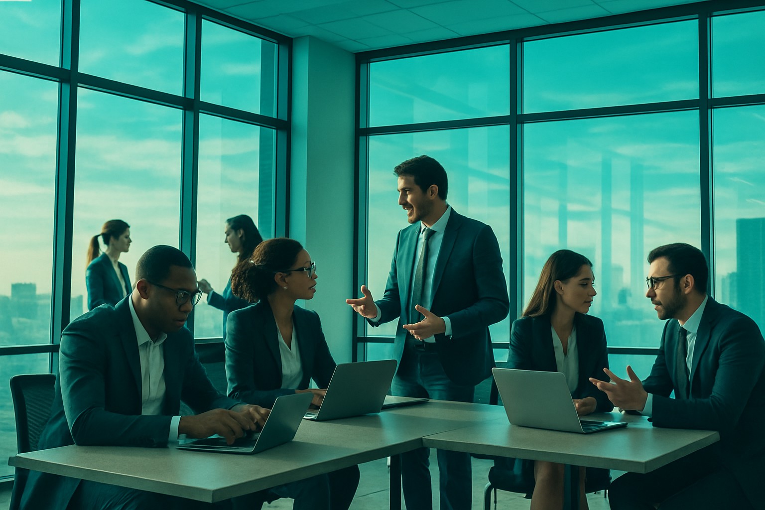 business in action with greenish blue sky color theme