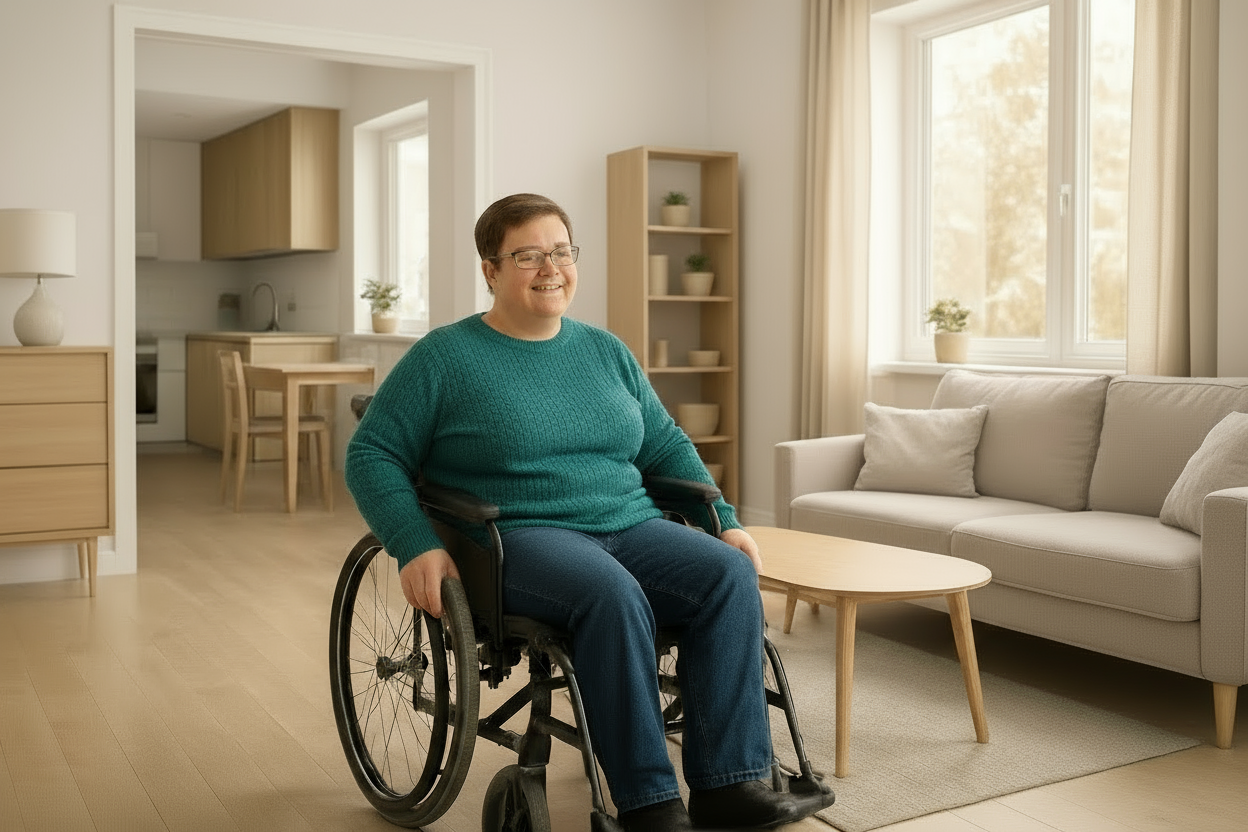a disability person in wheel chair in the house