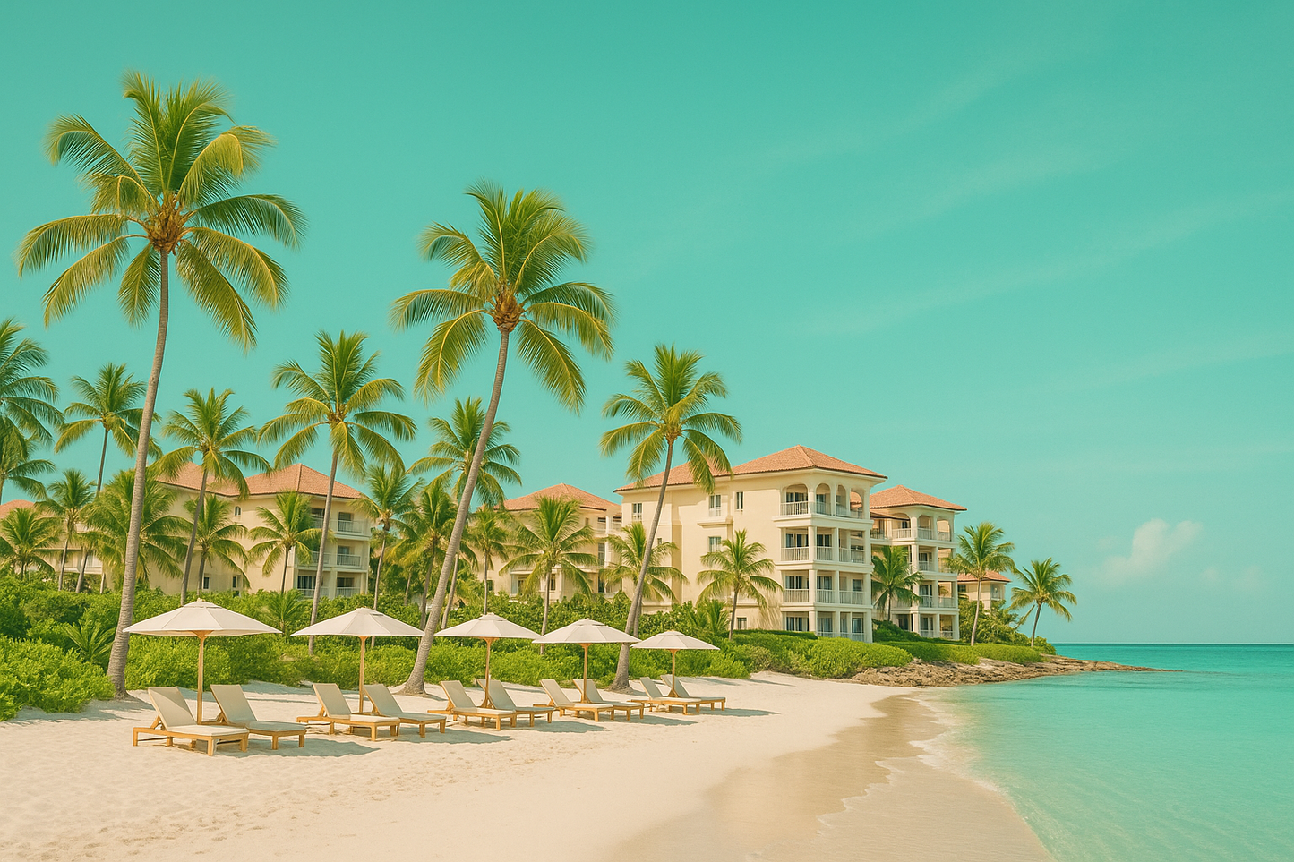 holiday beach resort in a bright greenish blue pastel sky color