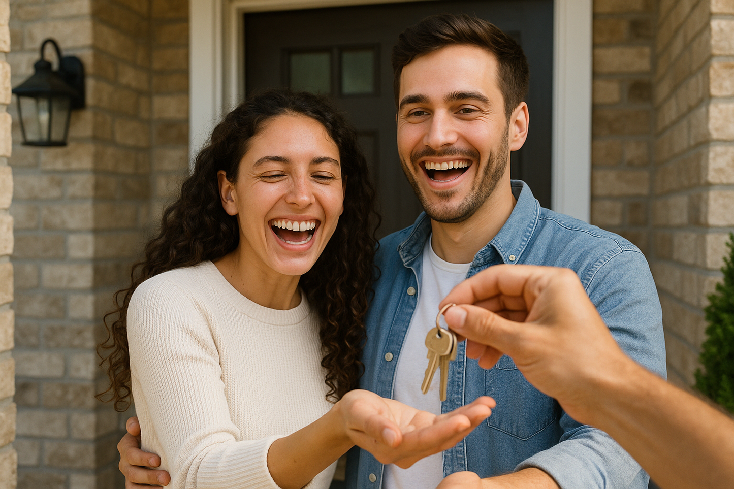 young couple getting their house key to first home