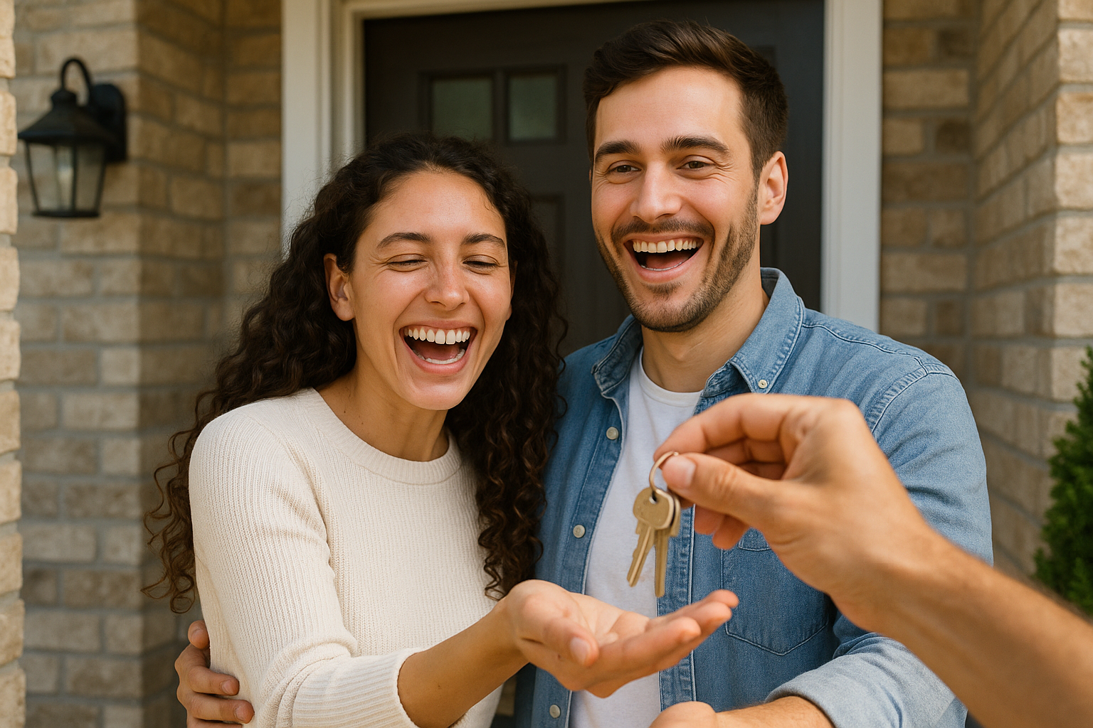 young couple getting their house key to first home
